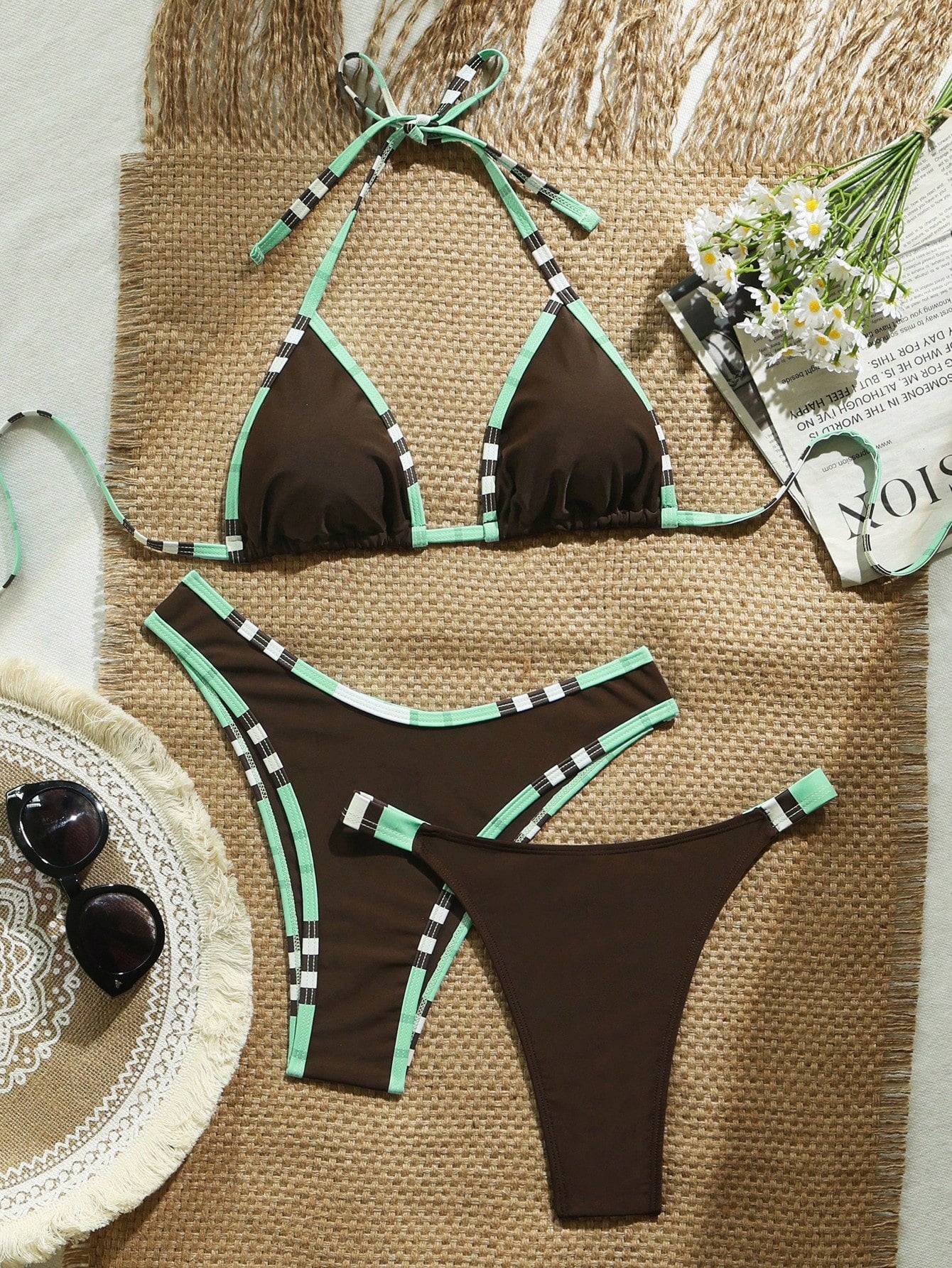 Elavelle 3pcs Solid Color Bikini Set, Women Swimwear For Spa Resort
