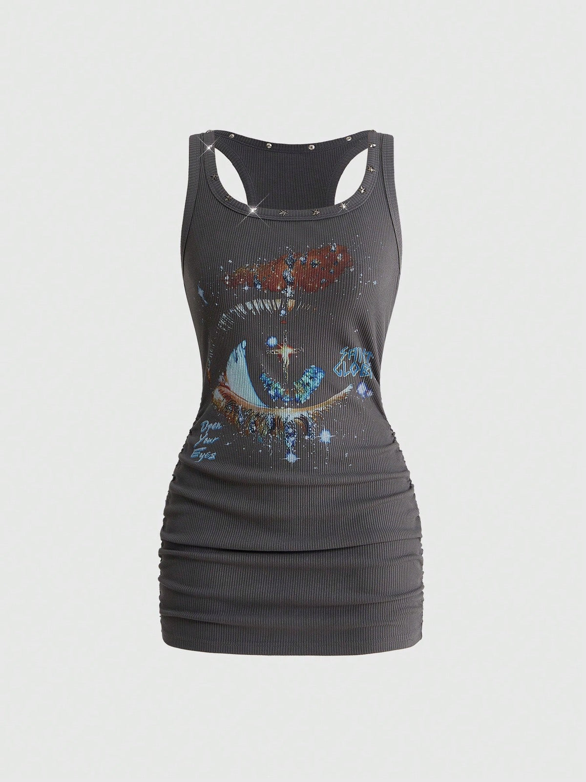 Grunge Punk Women's Retro Baddie Unisex Streetwear Casual Galaxy Star Rivet Print Bodycon Mini Dress - image 9
