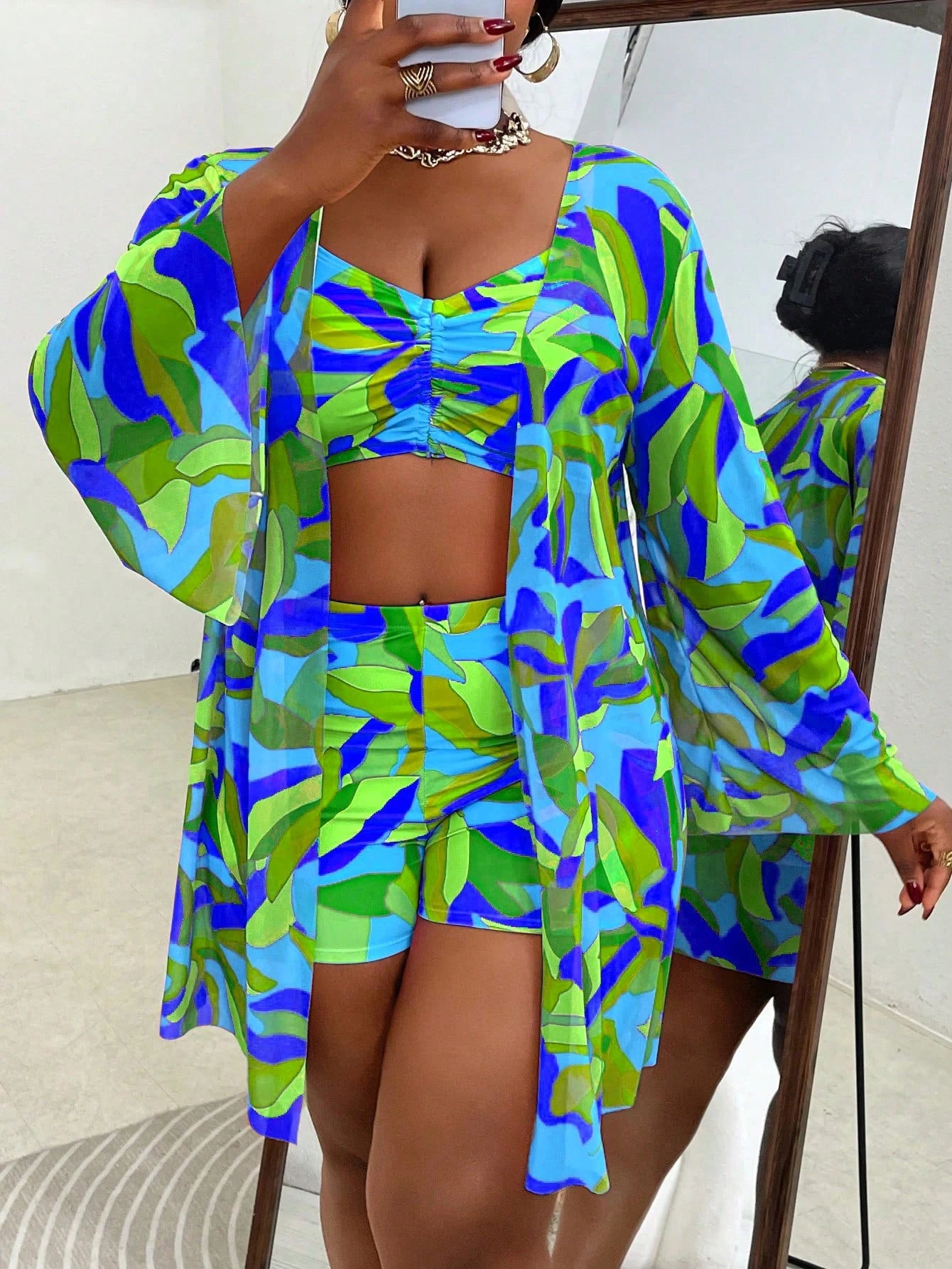 Slaydiva 3pcs Plus Size Swimwear Set, Includes Swimwear, Cover-Up, Random Floral Print, Casual Summer Beach - image 11