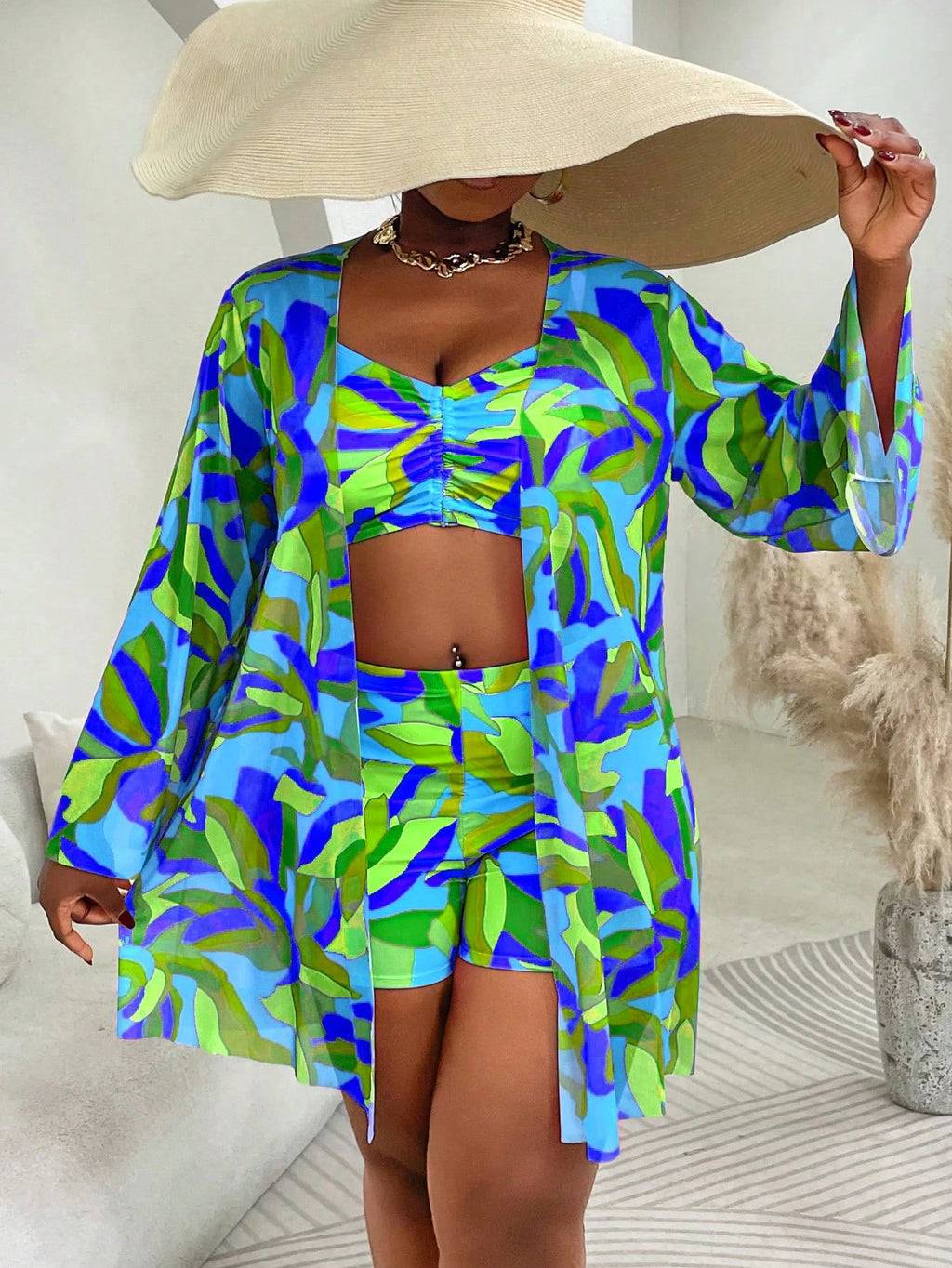 Slaydiva 3pcs Plus Size Swimwear Set, Includes Swimwear, Cover-Up, Random Floral Print, Casual Summer Beach - image 13