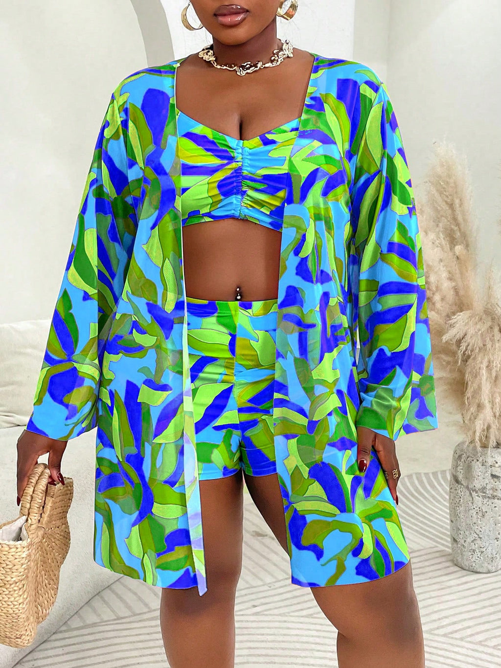 Slaydiva 3pcs Plus Size Swimwear Set, Includes Swimwear, Cover-Up, Random Floral Print, Casual Summer Beach - image 15