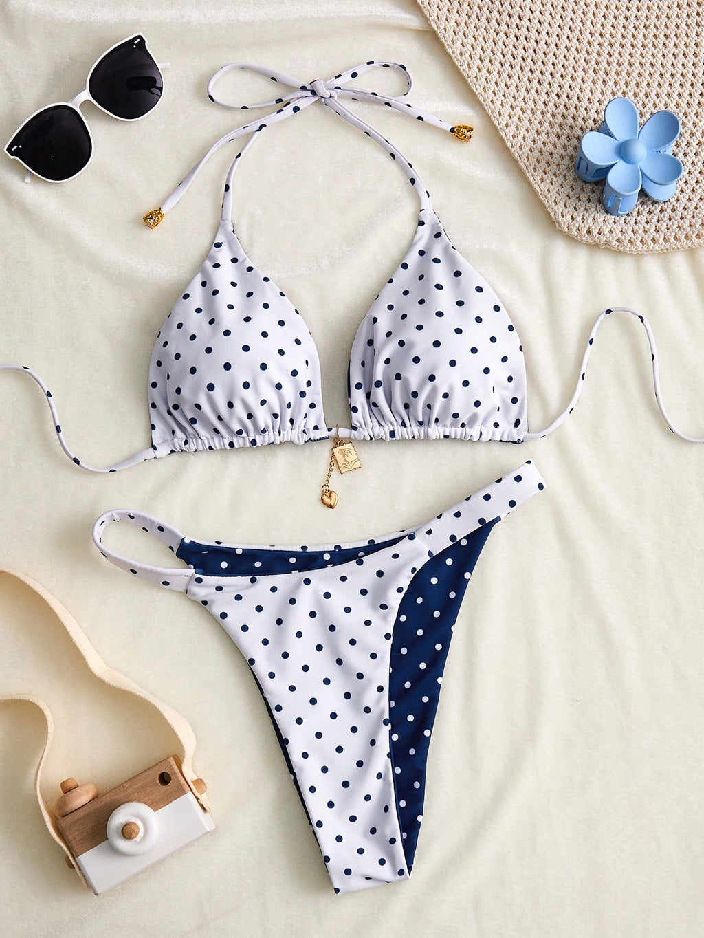 Swim Mod Women's Summer New Contrast Color Polka Dot Print Reversible