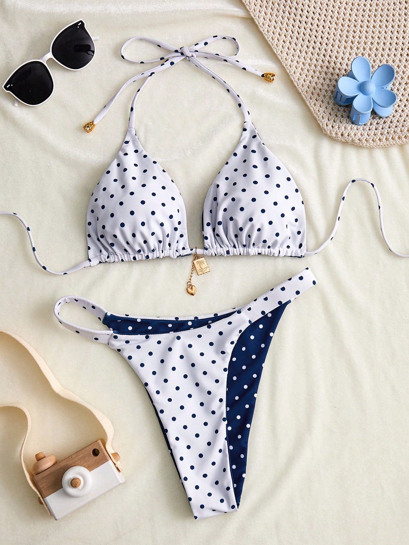 Swim Mod Women's Summer New Contrast Color Polka Dot Print Reversible