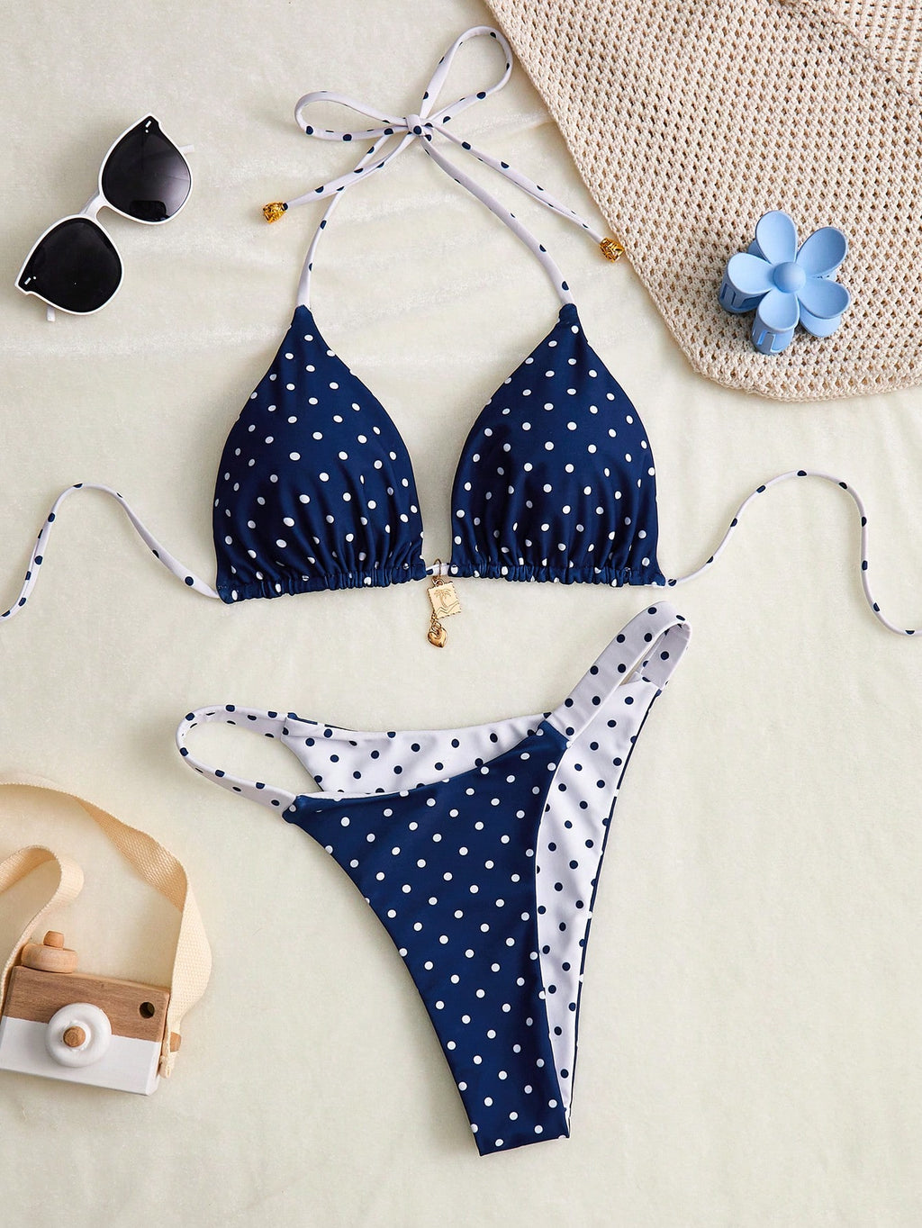 Swim Mod Women's Summer New Contrast Color Polka Dot Print Reversible
