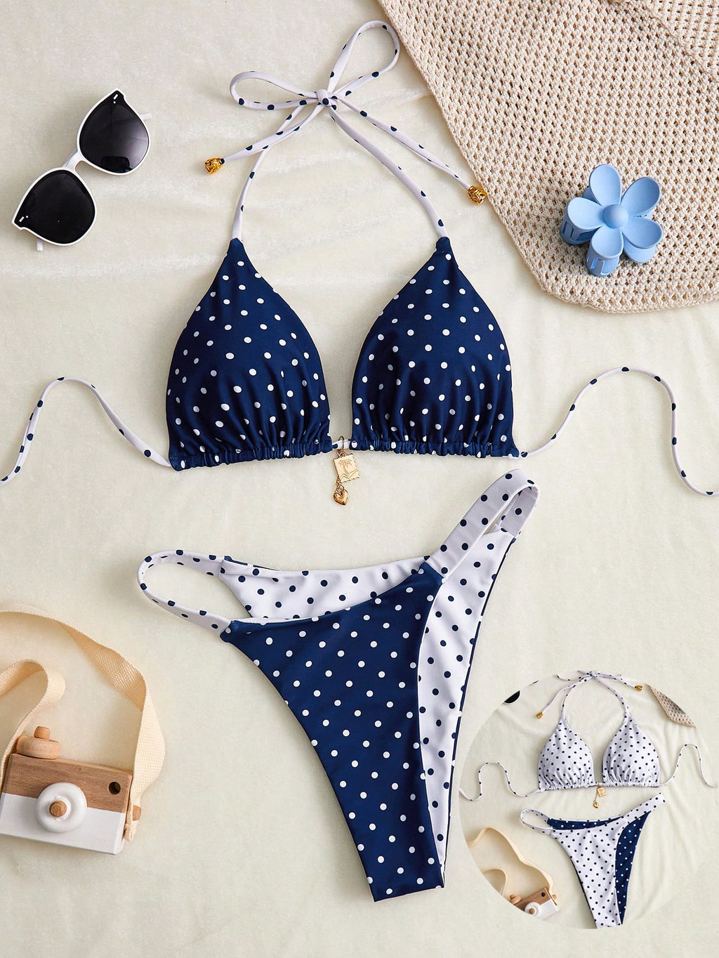 Swim Mod Women's Summer New Contrast Color Polka Dot Print Reversible
