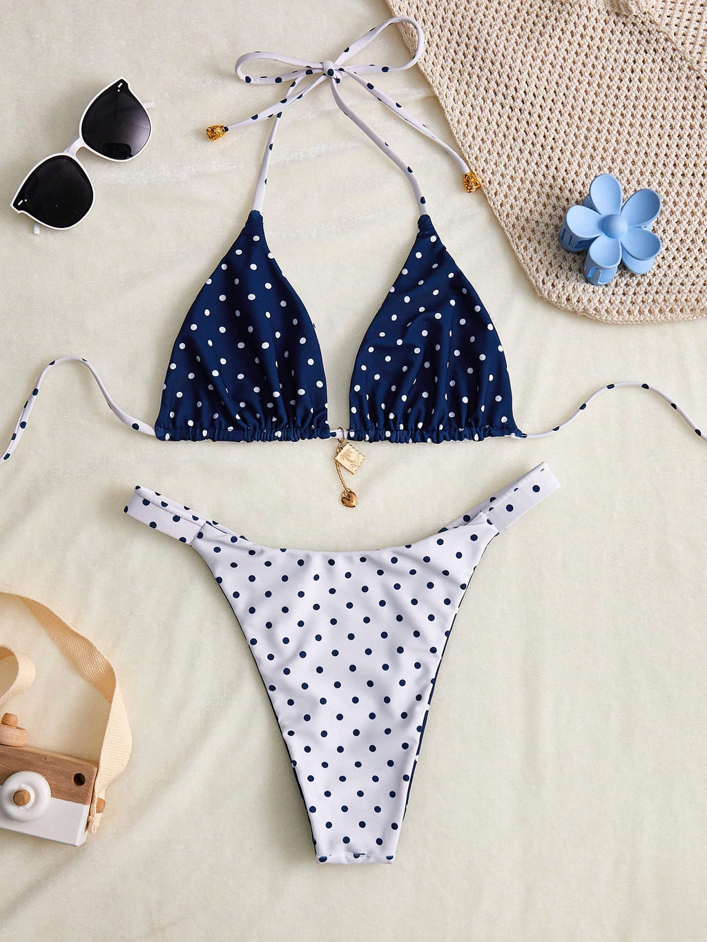 Swim Mod Women's Summer New Contrast Color Polka Dot Print Reversible