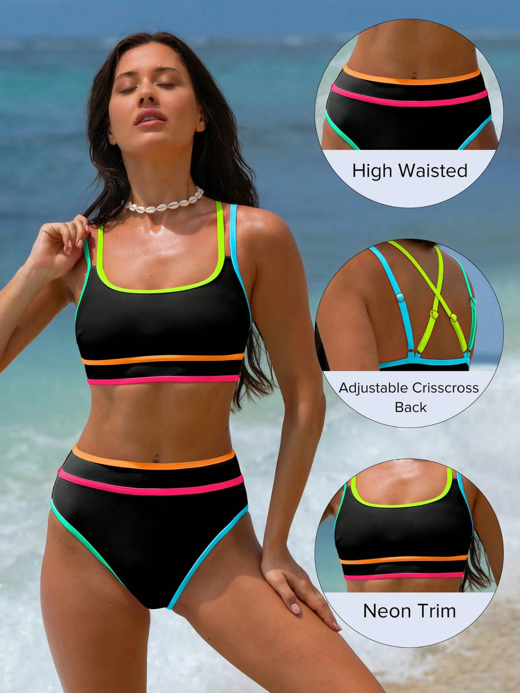 popvil Colorblock Sports Bra & Bikini Set, Summer Vacation