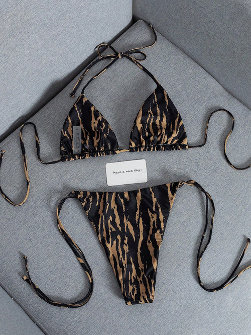 2026 Fashion Sexy Faux Wood Grain Personalized Print Women's Bikini
