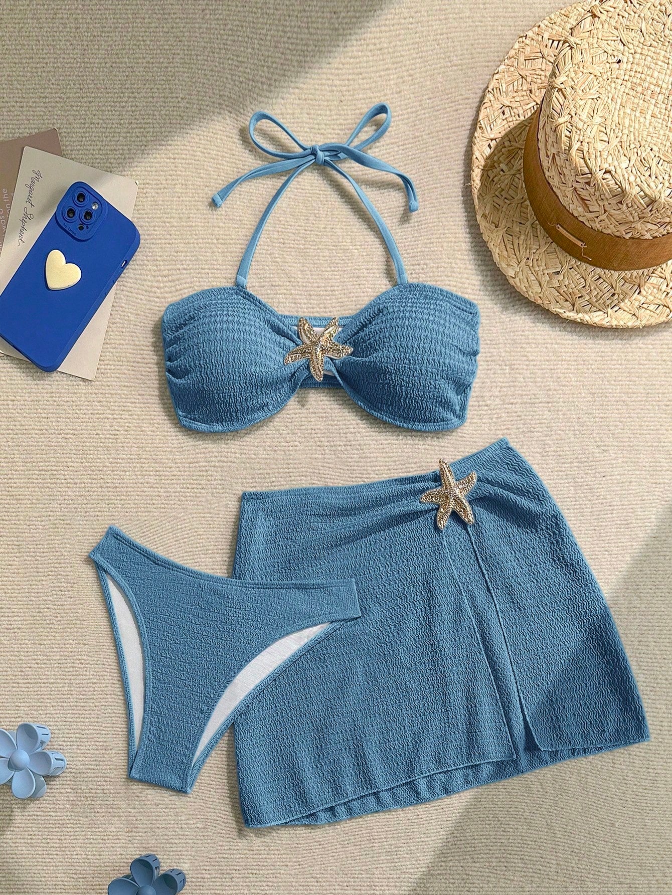 Soleia Women's Cute Dusky Blue Summer Beach Vacation Holiday 3-Piece Bikini Set