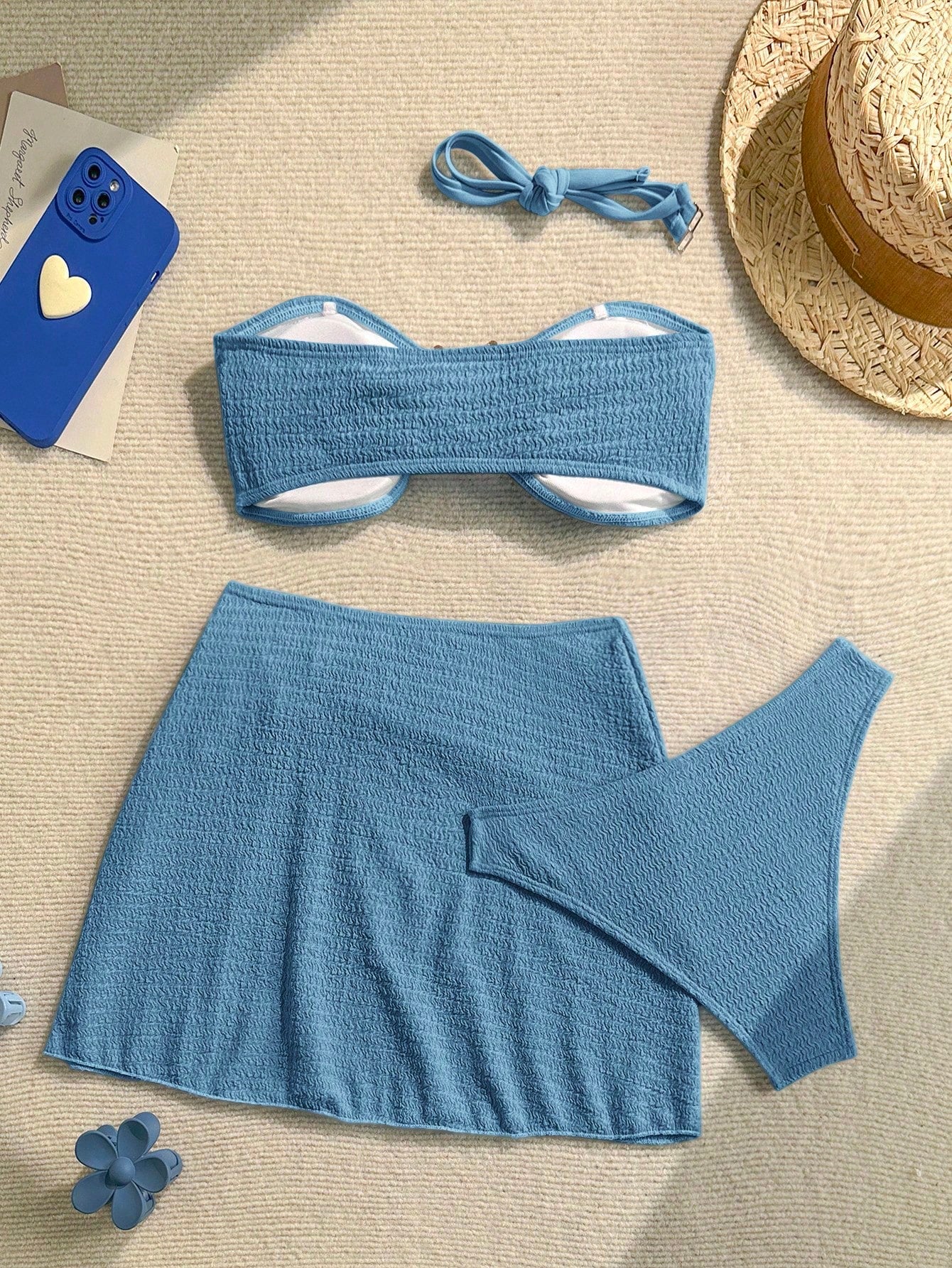 Soleia Women's Cute Dusky Blue Summer Beach Vacation Holiday 3-Piece Bikini Set