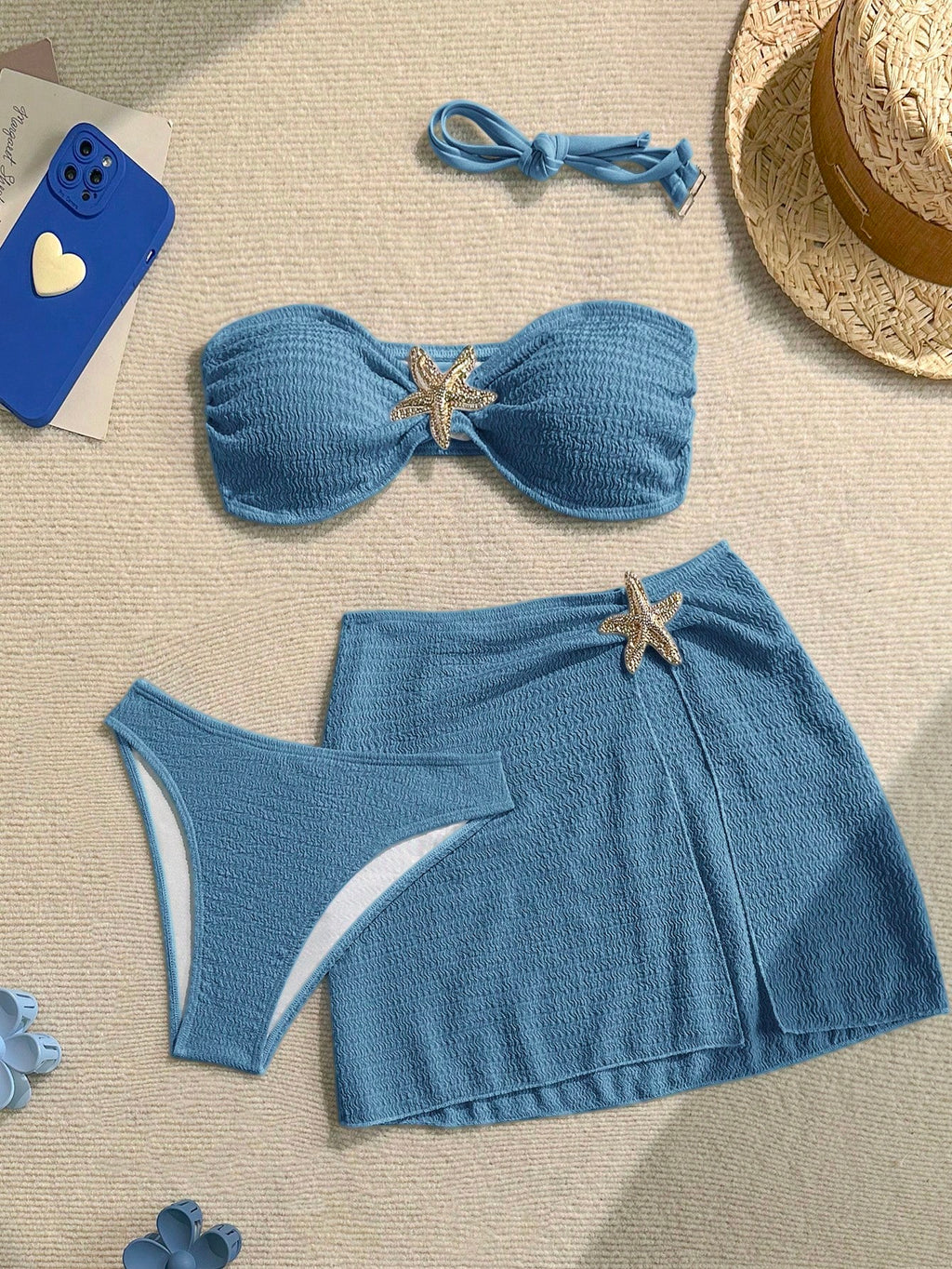 Soleia Women's Cute Dusky Blue Summer Beach Vacation Holiday 3-Piece Bikini Set