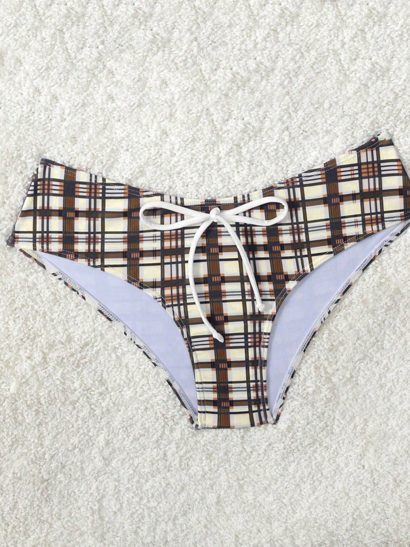 Women's Plaid Print Bikini Set With White Bow Accent, Beach Vacation