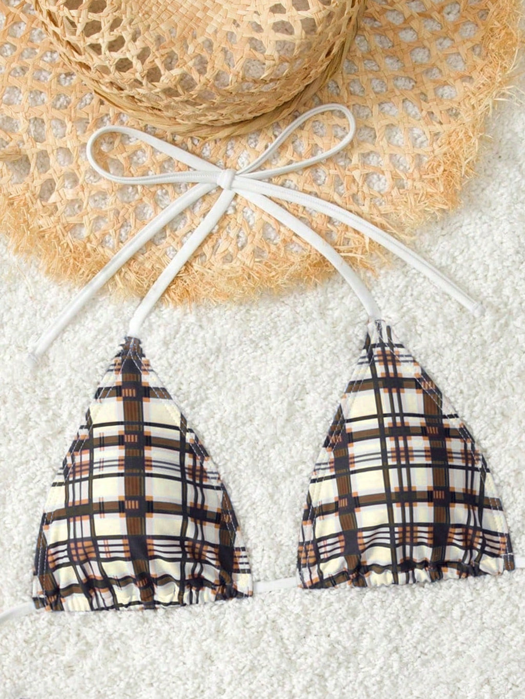Women's Plaid Print Bikini Set With White Bow Accent, Beach Vacation