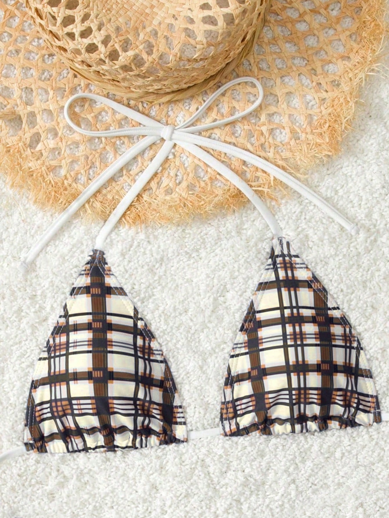 Women's Plaid Print Bikini Set With White Bow Accent, Beach Vacation