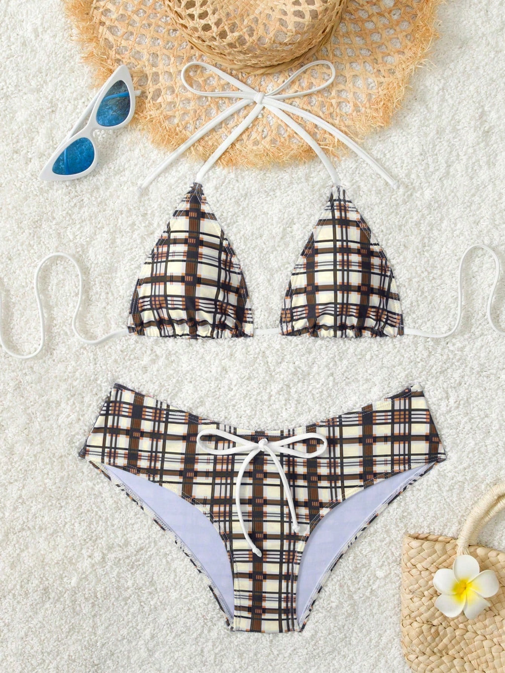 Women's Plaid Print Bikini Set With White Bow Accent, Beach Vacation