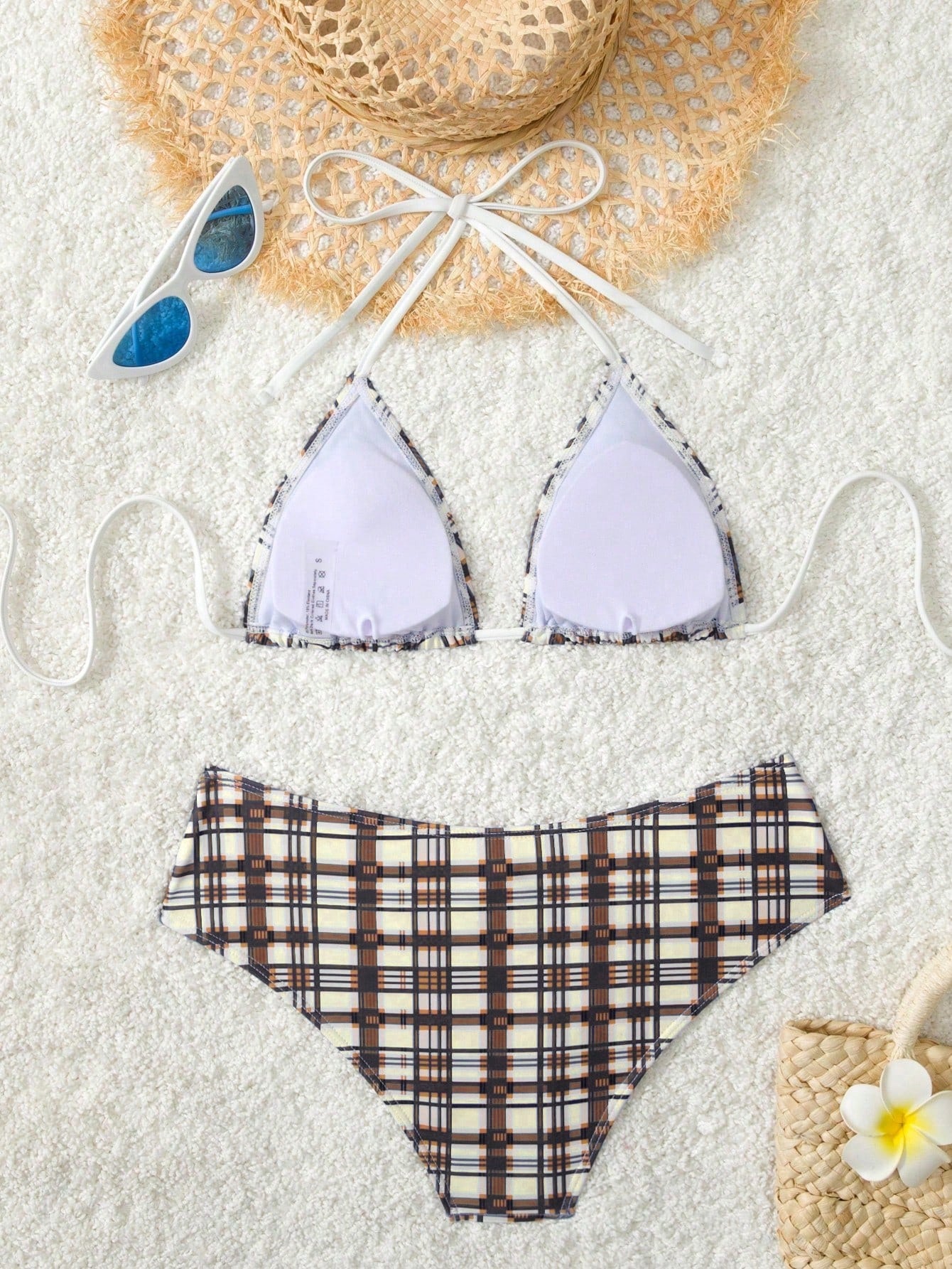 Women's Plaid Print Bikini Set With White Bow Accent, Beach Vacation