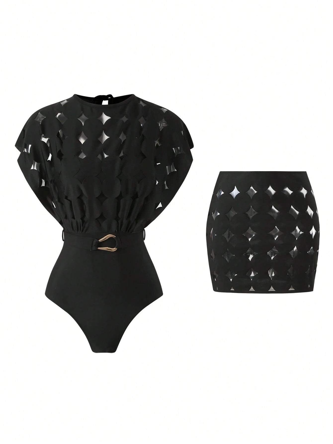 Swim Oasis Hollow-Out Solid Color Round Neck Women's Waist Belt Suit - image 11