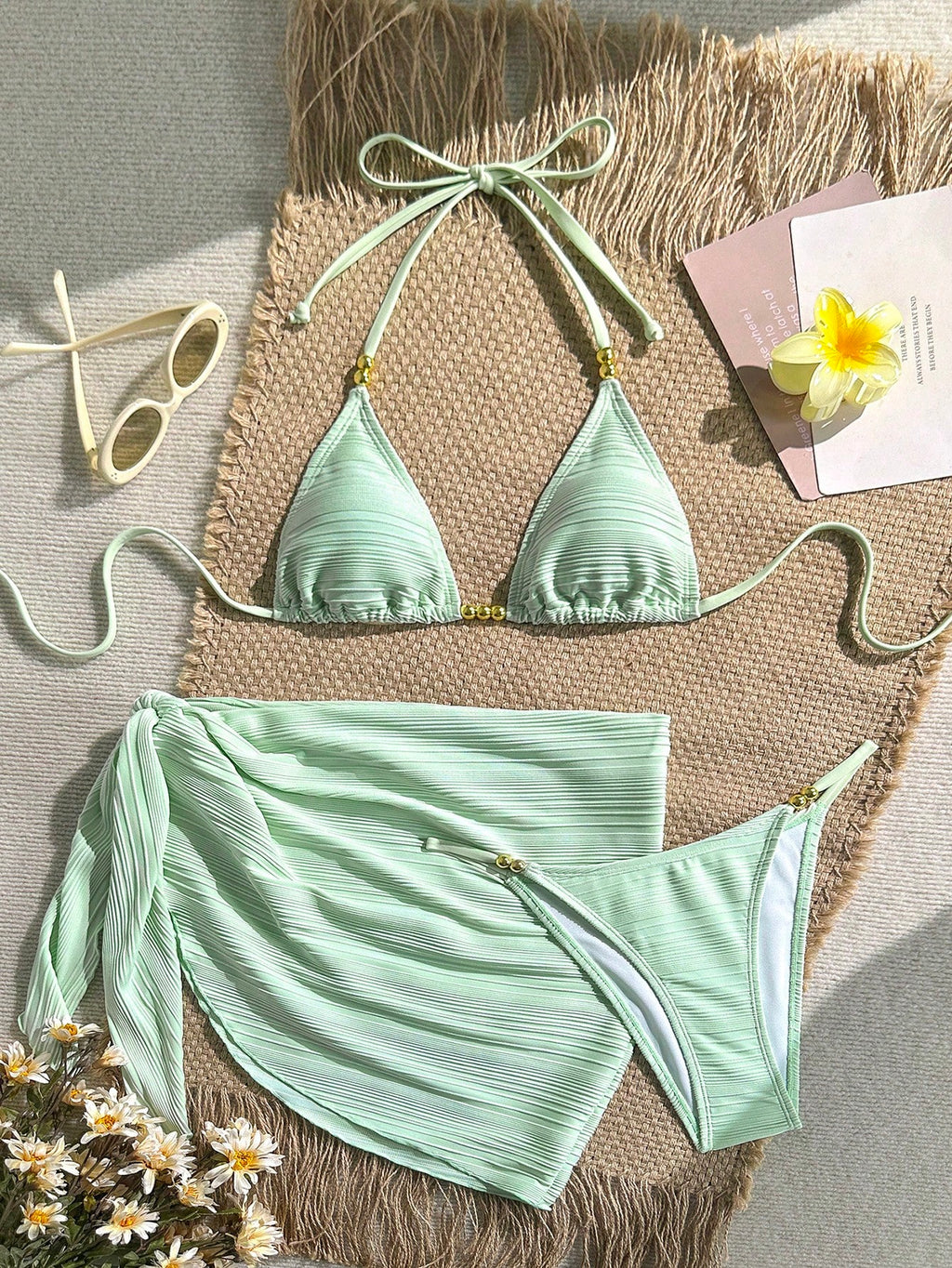 Swim Vcay Women's Solid Color Textured Fabric Beaded Decor Halter Tie