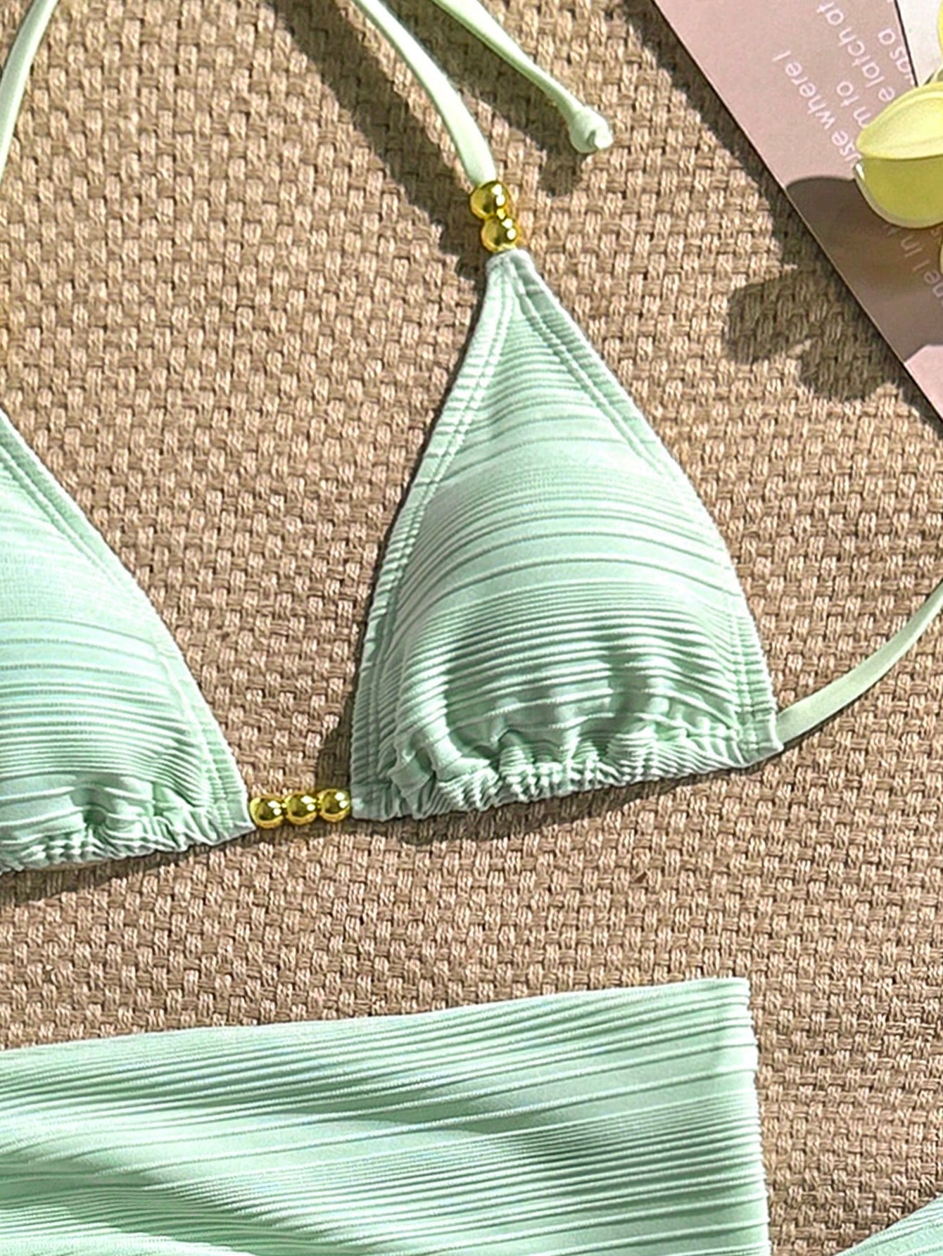 Swim Vcay Women's Solid Color Textured Fabric Beaded Decor Halter Tie