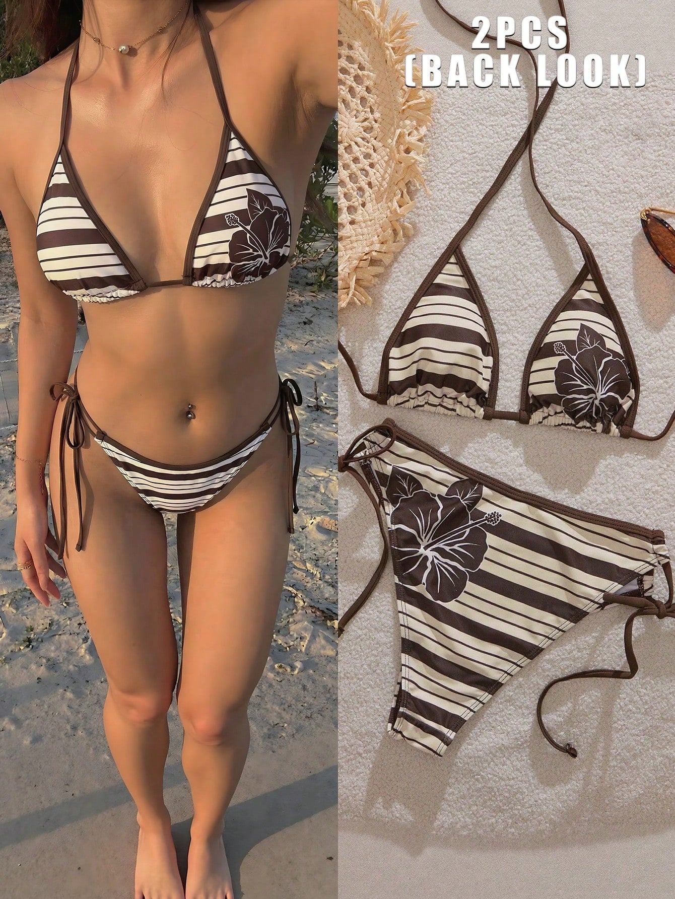 Women's Bikini Swimwear, Retro Striped Cute Hibiscus Print Swimwear