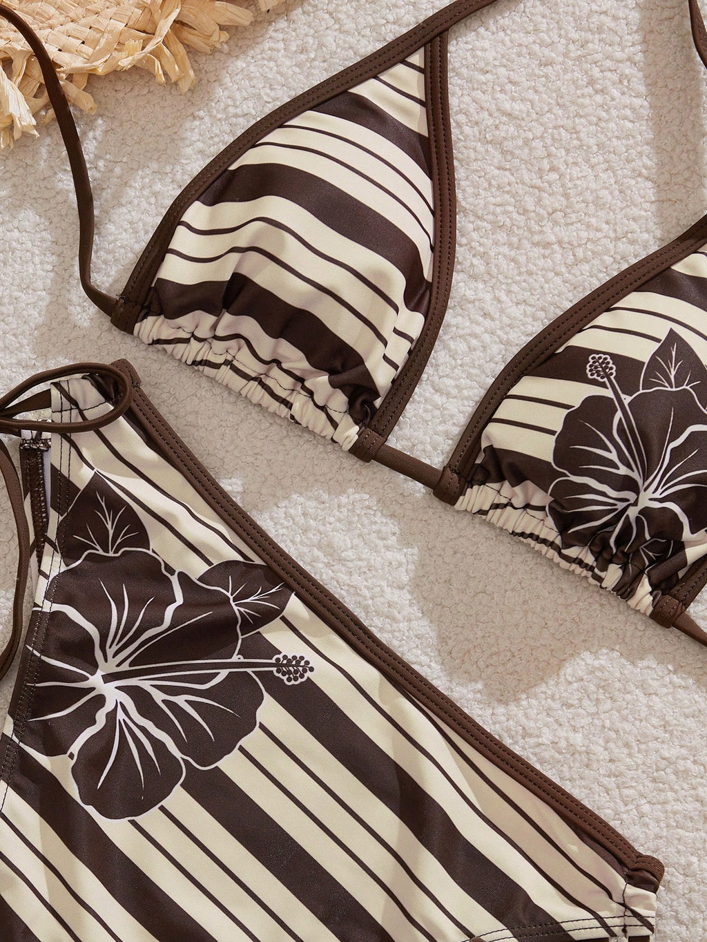 Women's Bikini Swimwear, Retro Striped Cute Hibiscus Print Swimwear