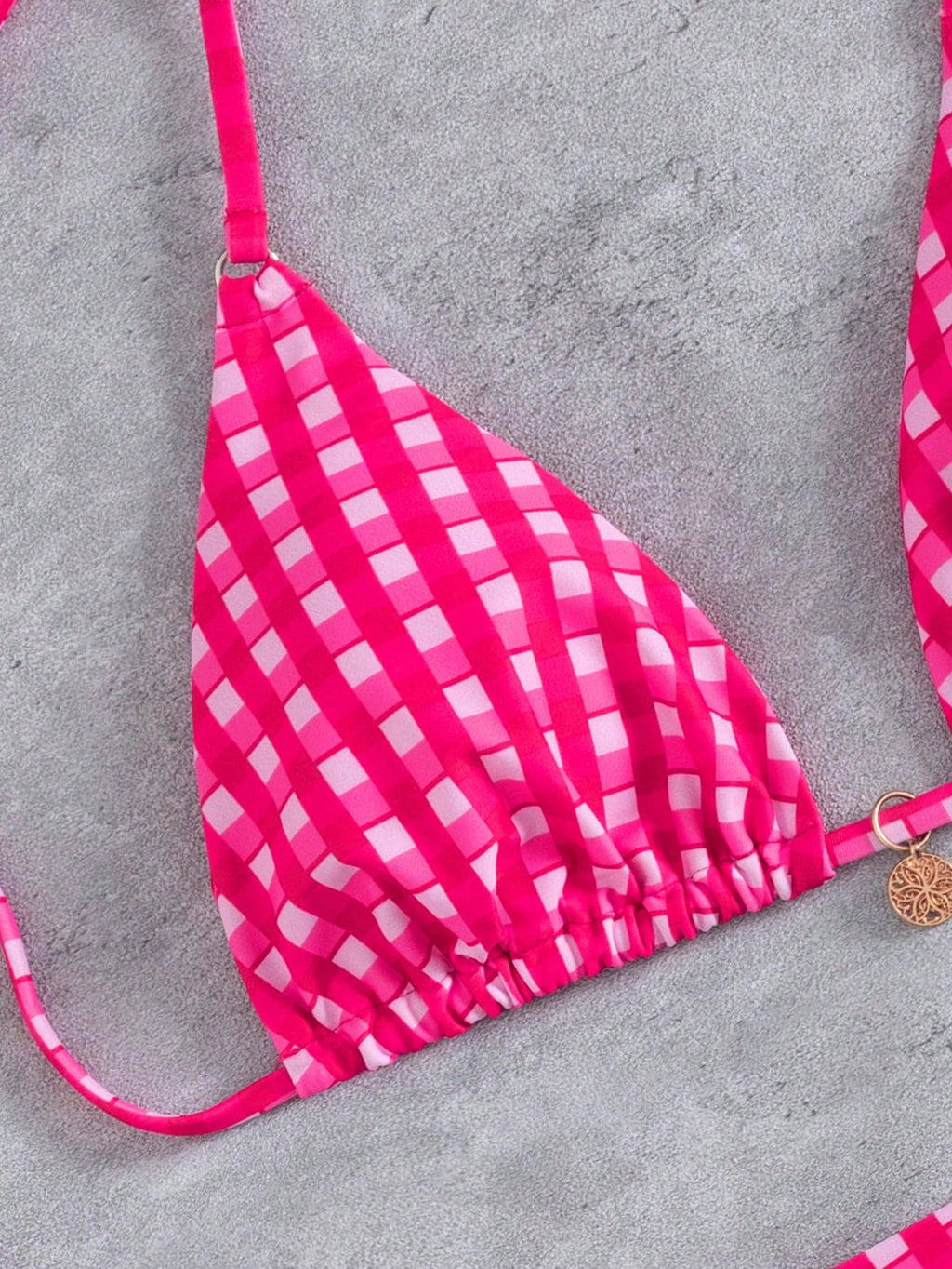 New Striped Triangle Bikini Set With Metal Pendant Decor, Spaghetti