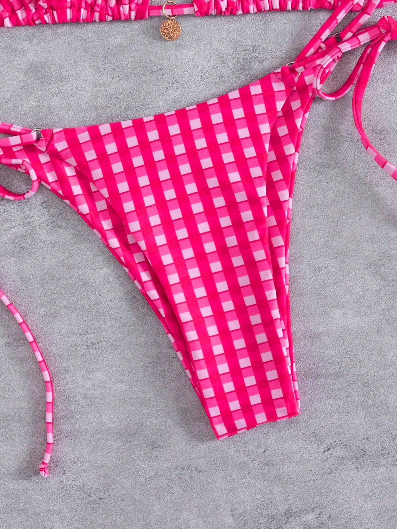 New Striped Triangle Bikini Set With Metal Pendant Decor, Spaghetti