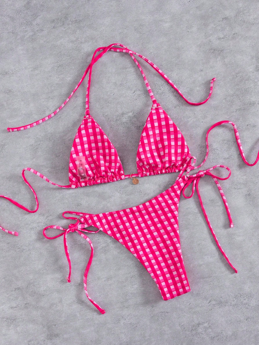 New Striped Triangle Bikini Set With Metal Pendant Decor, Spaghetti