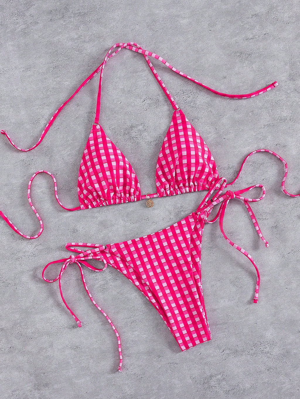 New Striped Triangle Bikini Set With Metal Pendant Decor, Spaghetti