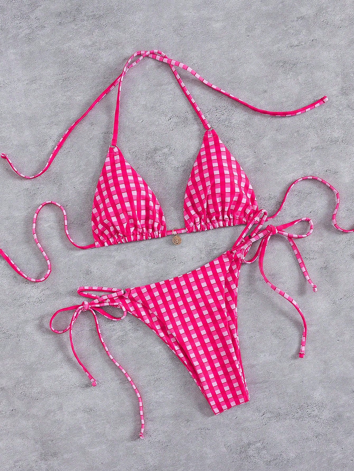 New Striped Triangle Bikini Set With Metal Pendant Decor, Spaghetti