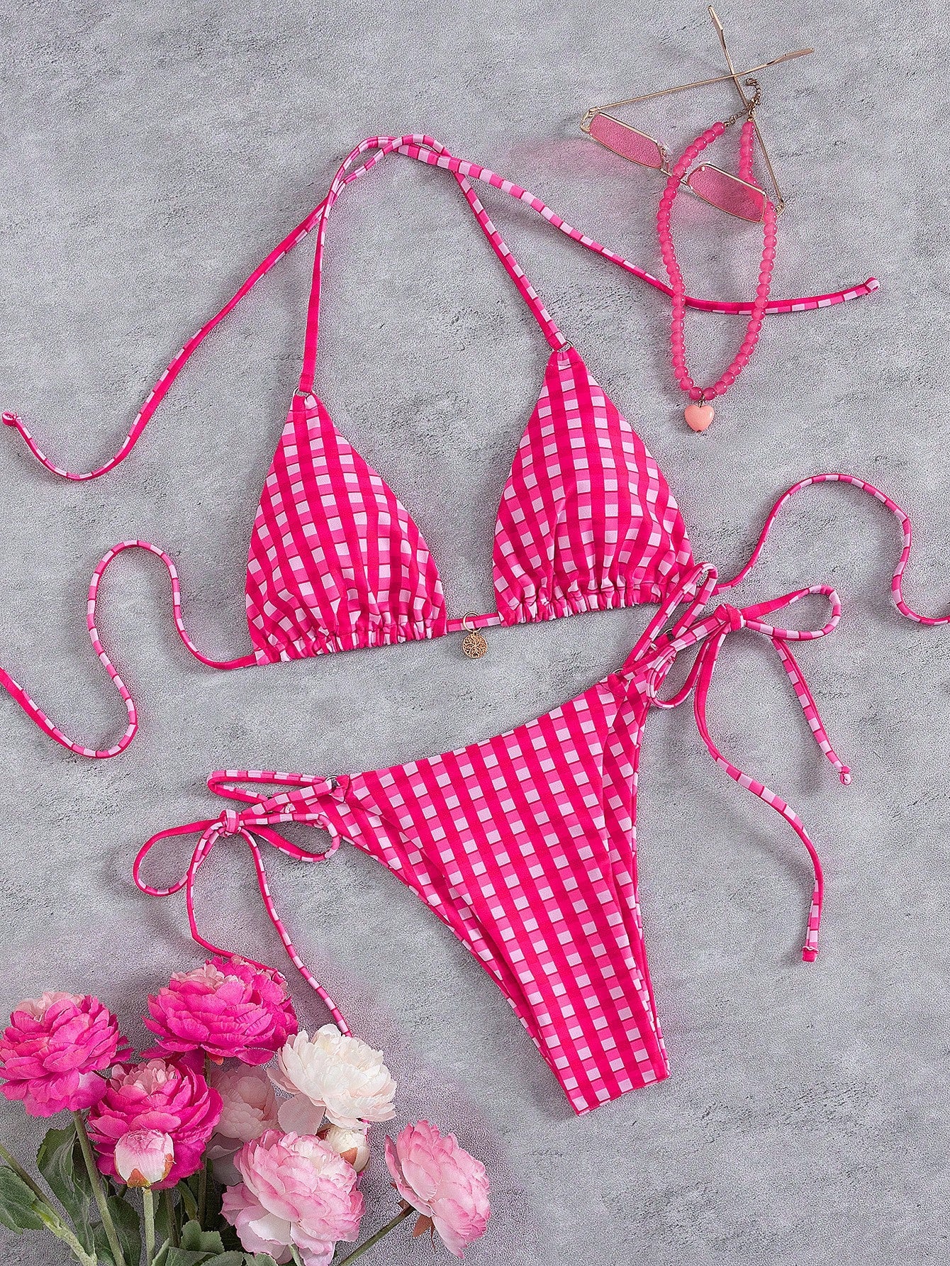 New Striped Triangle Bikini Set With Metal Pendant Decor, Spaghetti