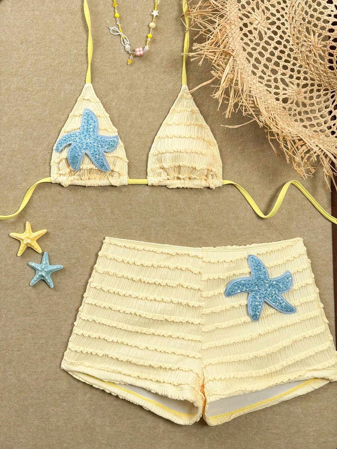 Swim SXY Summer Spring New Multi-Color Goose Yellow Textured Fabric Ocean Starfi
