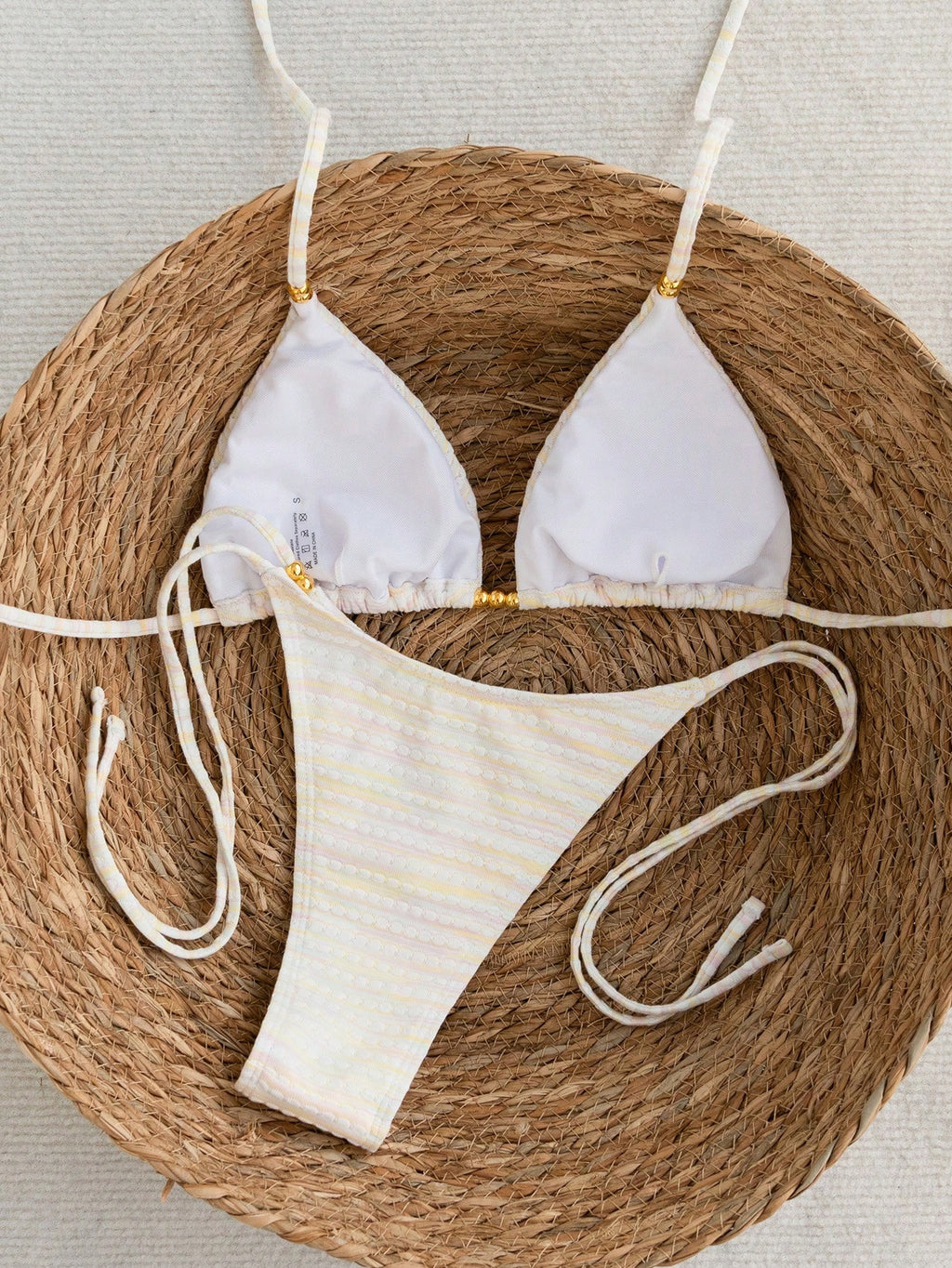 Mother's Day 1pc Elegant Colorful Striped Beaded Halter Bikini Set,
