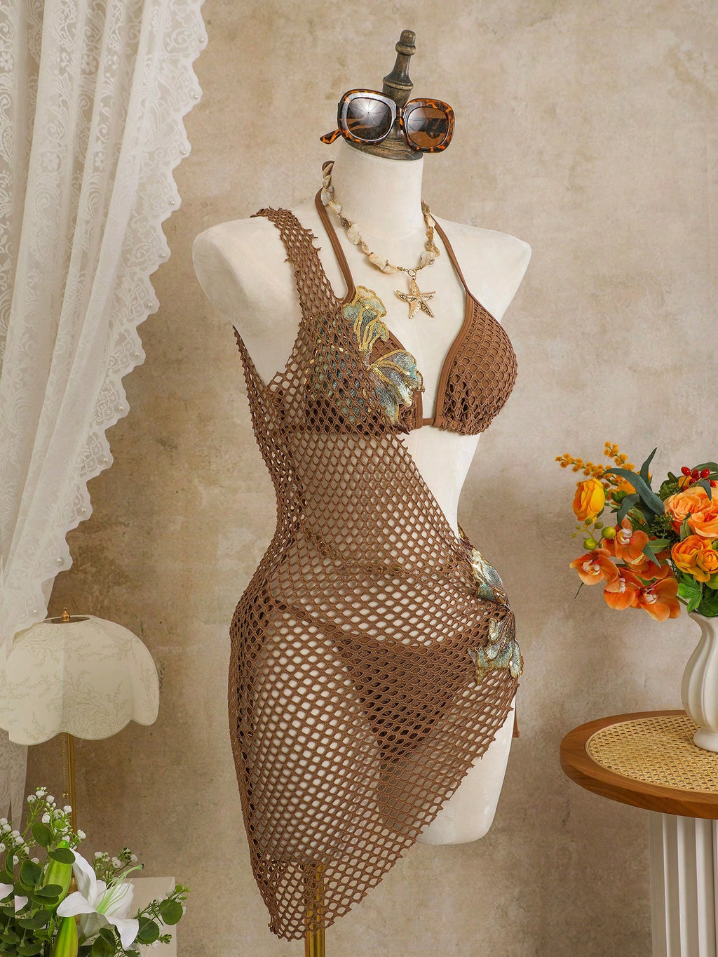 Swim SXY 3pcs Set Special Fabric Halter Bra Top, Tie Pants, Mesh