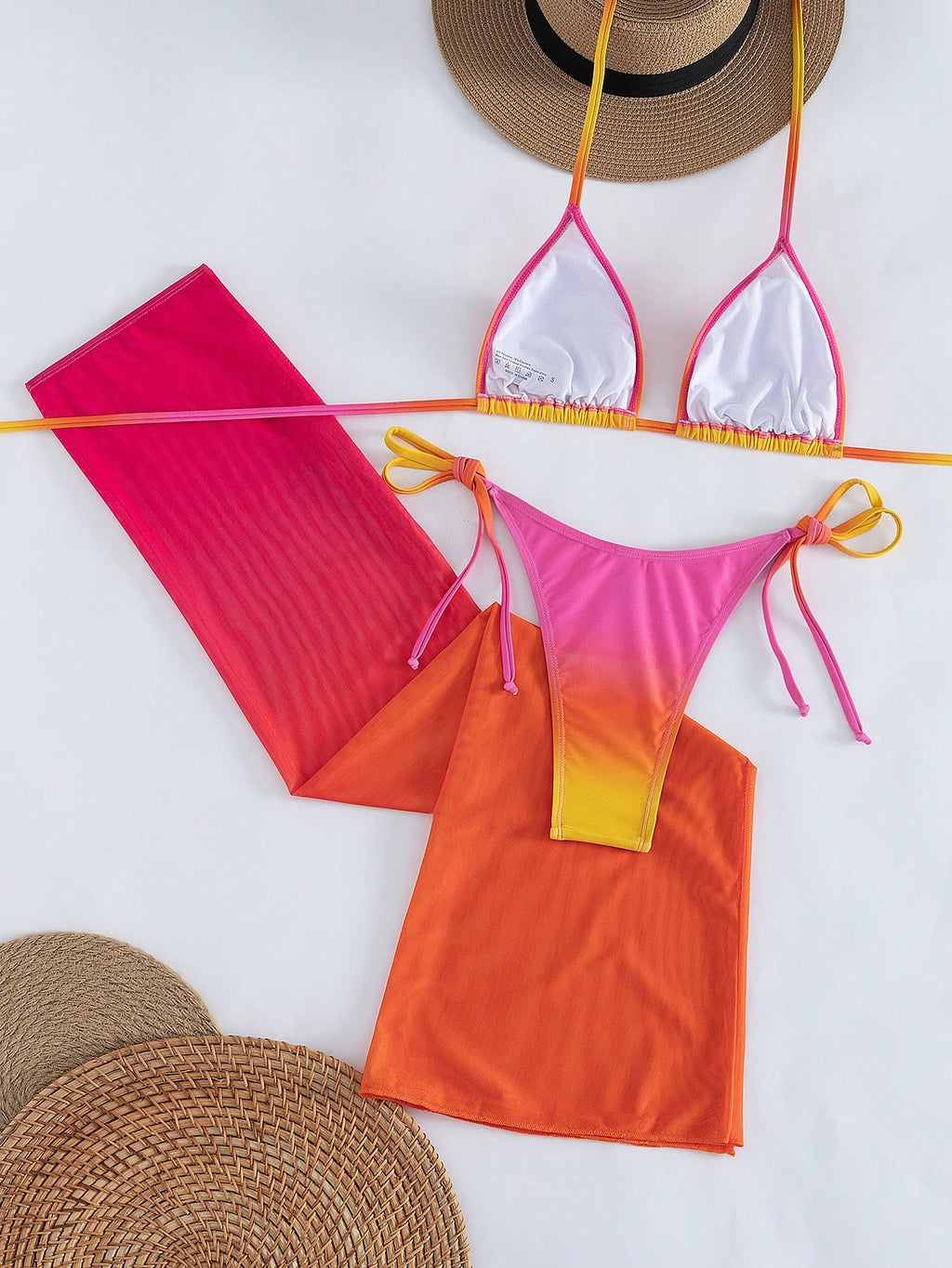Women's Sexy Halter Lace-Up Ombre Bikini Set With Sheer Mesh Skirt,