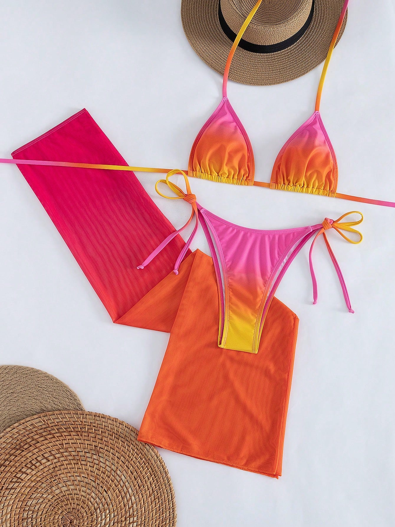 Women's Sexy Halter Lace-Up Ombre Bikini Set With Sheer Mesh Skirt,
