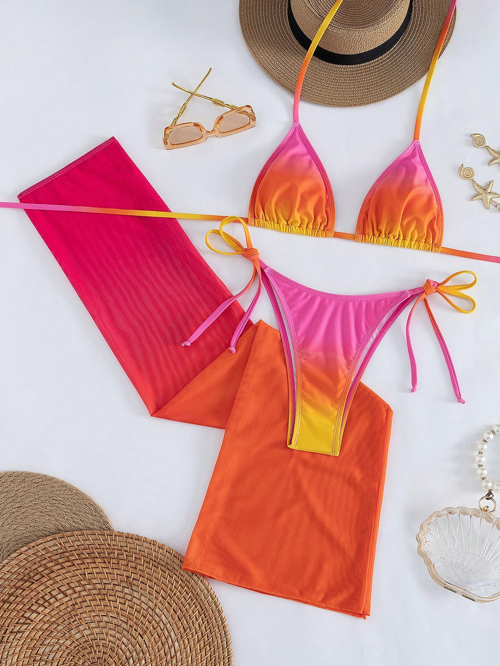 Women's Sexy Halter Lace-Up Ombre Bikini Set With Sheer Mesh Skirt,