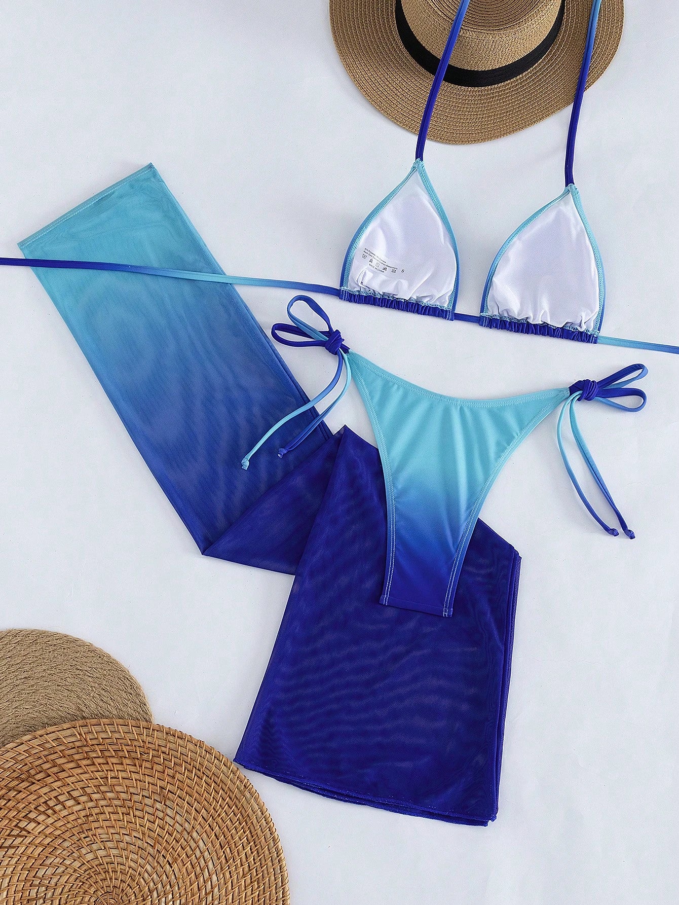 Women's Sexy Halter Lace-Up Ombre Bikini Set With Sheer Mesh Skirt,