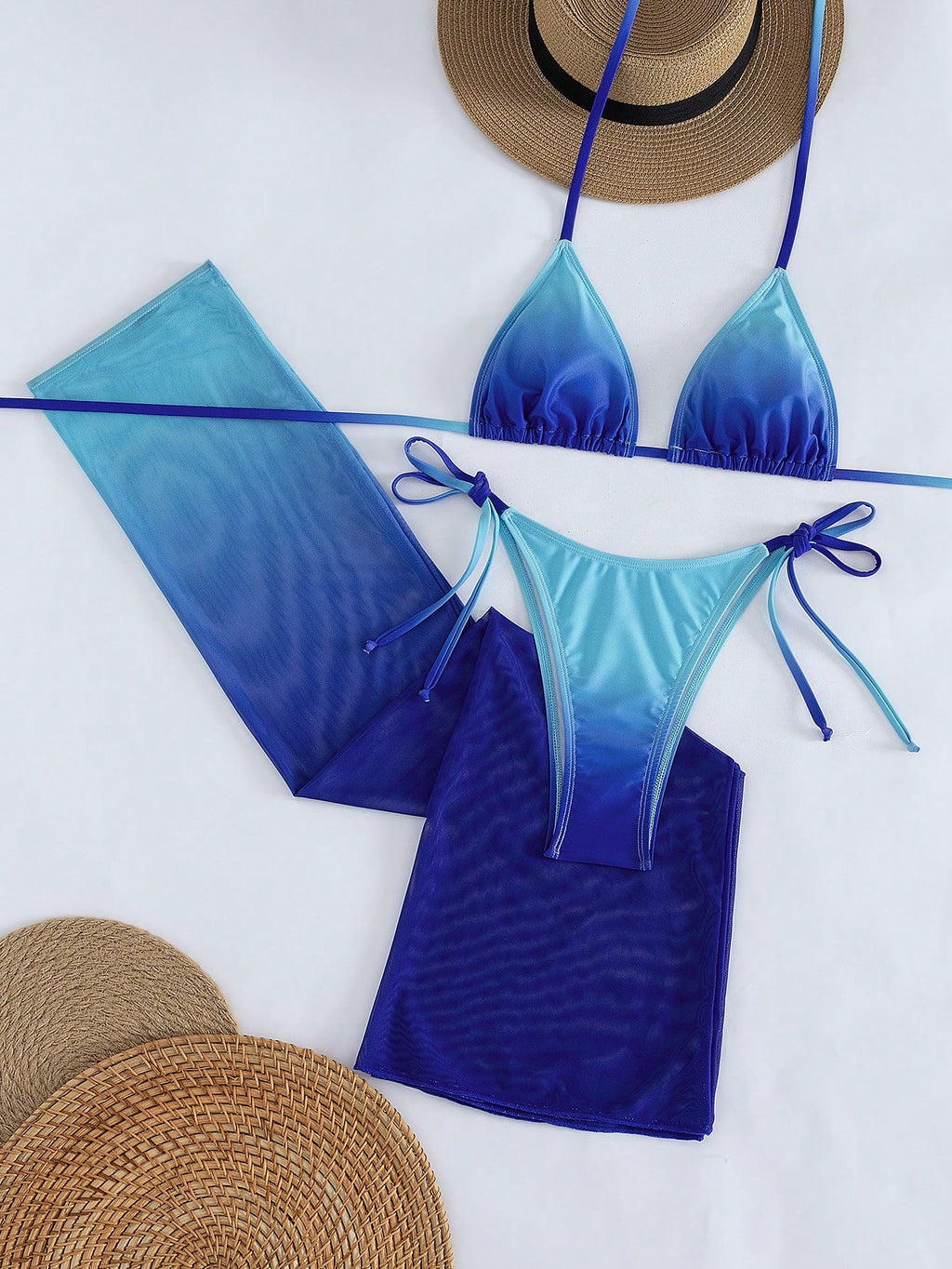 Women's Sexy Halter Lace-Up Ombre Bikini Set With Sheer Mesh Skirt,