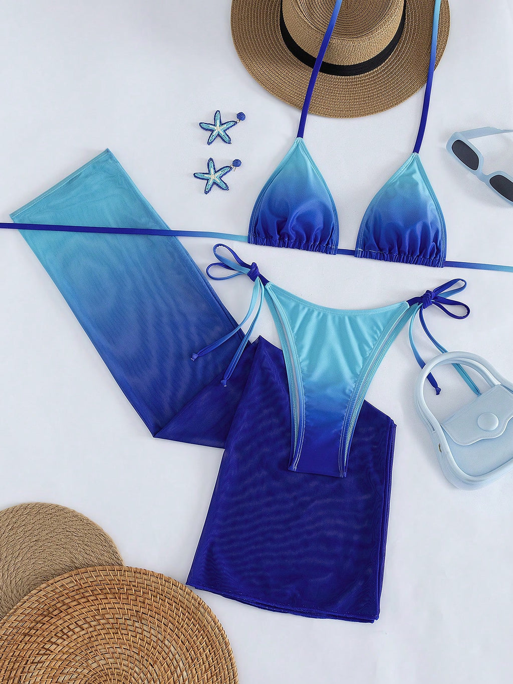 Women's Sexy Halter Lace-Up Ombre Bikini Set With Sheer Mesh Skirt,