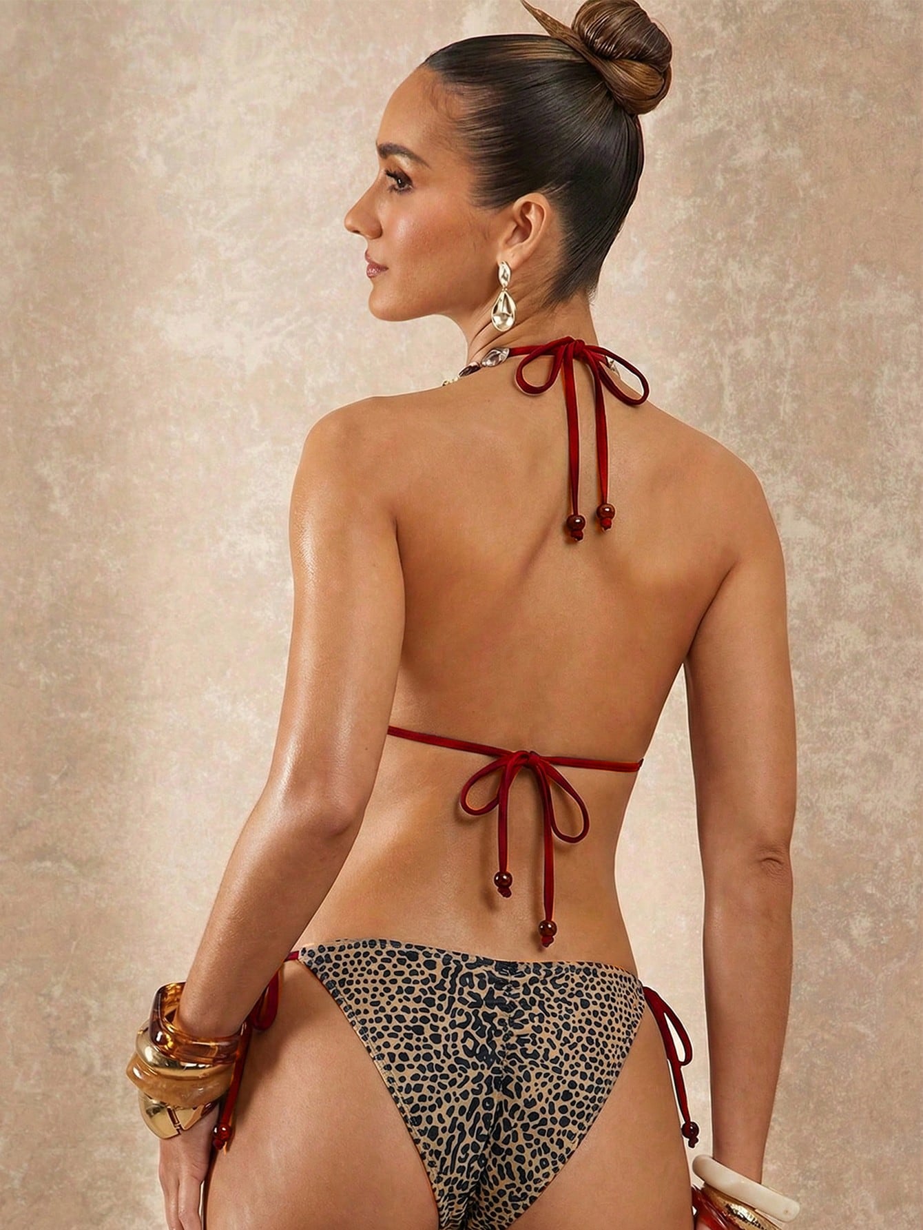 Lumalex Women's Leopard Print Contrast Color Dark Red Spaghetti Strap Tie-Up Ruched Bikini 2pcs Swimwear,Tie - image 20