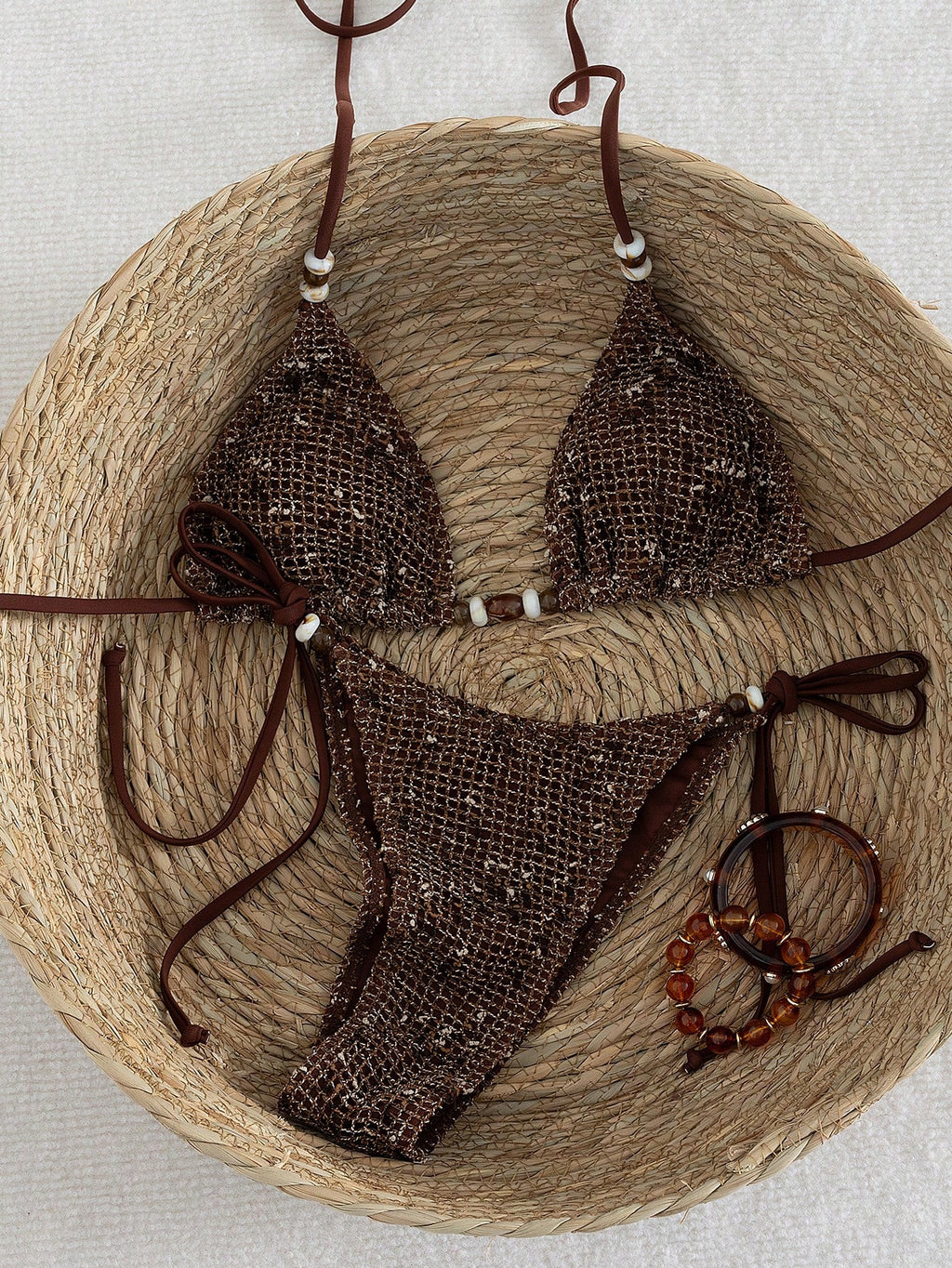 Women's Crochet Beaded Halter Backless Sexy Bikini Set, Bohemian