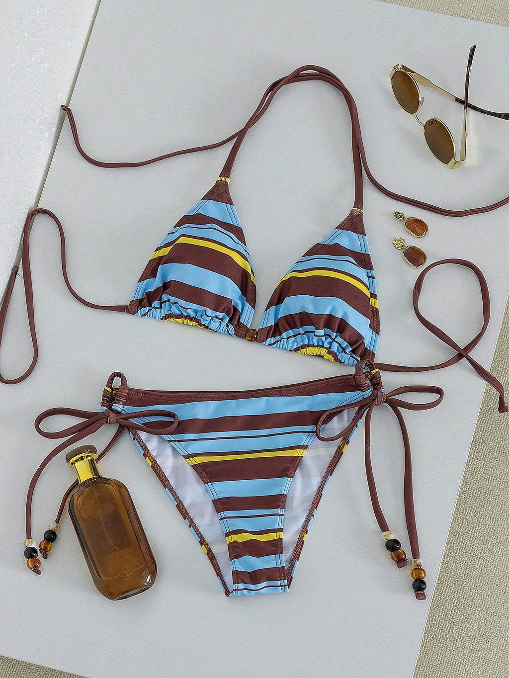 Swim Vcay Summer Vacation Sexy Striped Beaded Halter Backless
