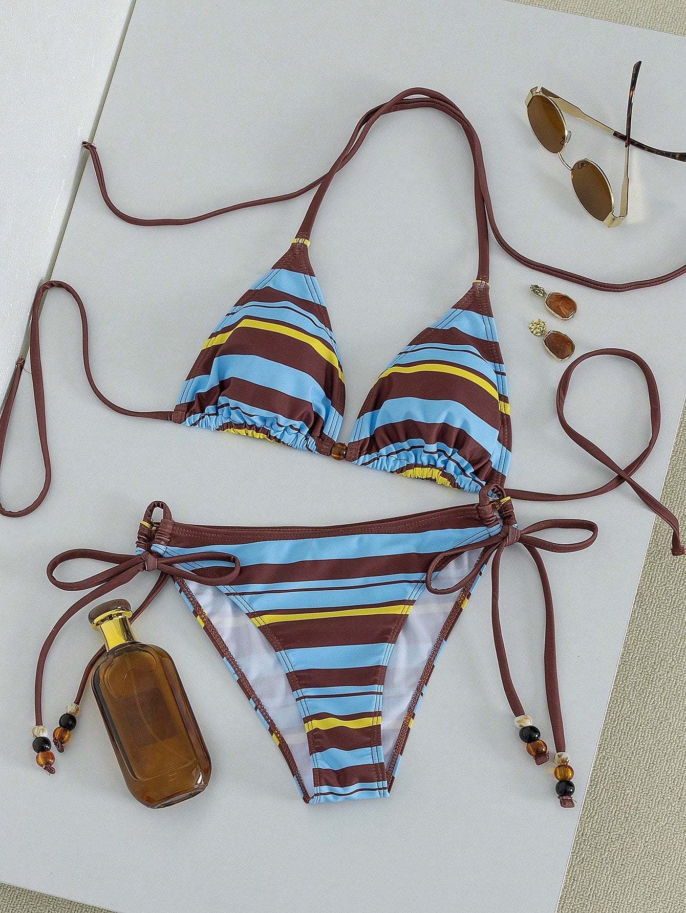 Swim Vcay Summer Vacation Sexy Striped Beaded Halter Backless
