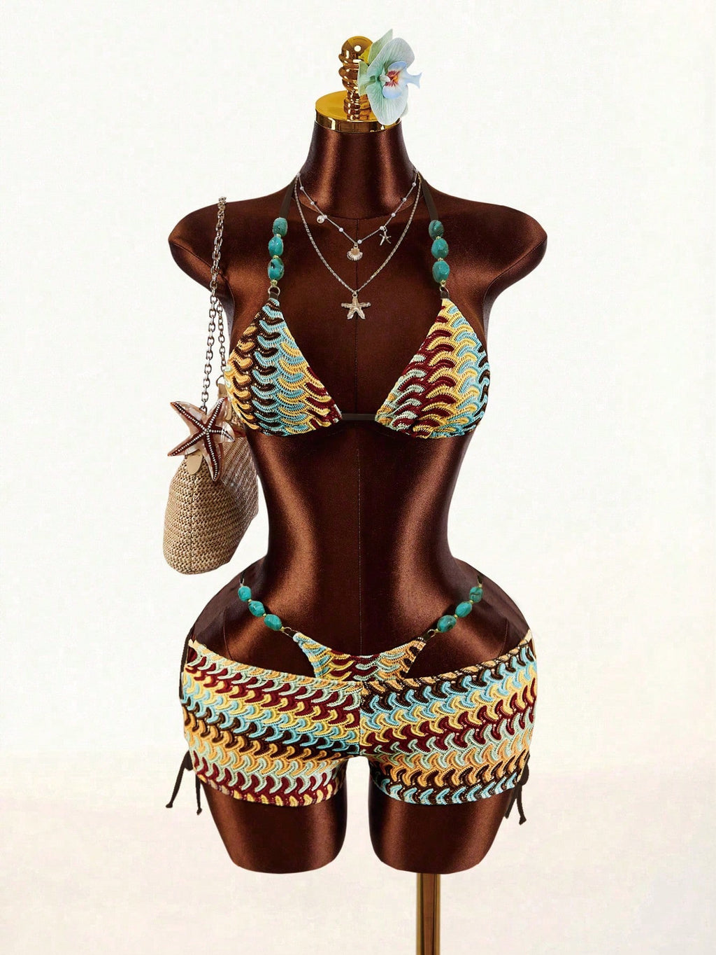 Amplova Women's Turquoise Beaded Strap Bohemian Crochet Bikini