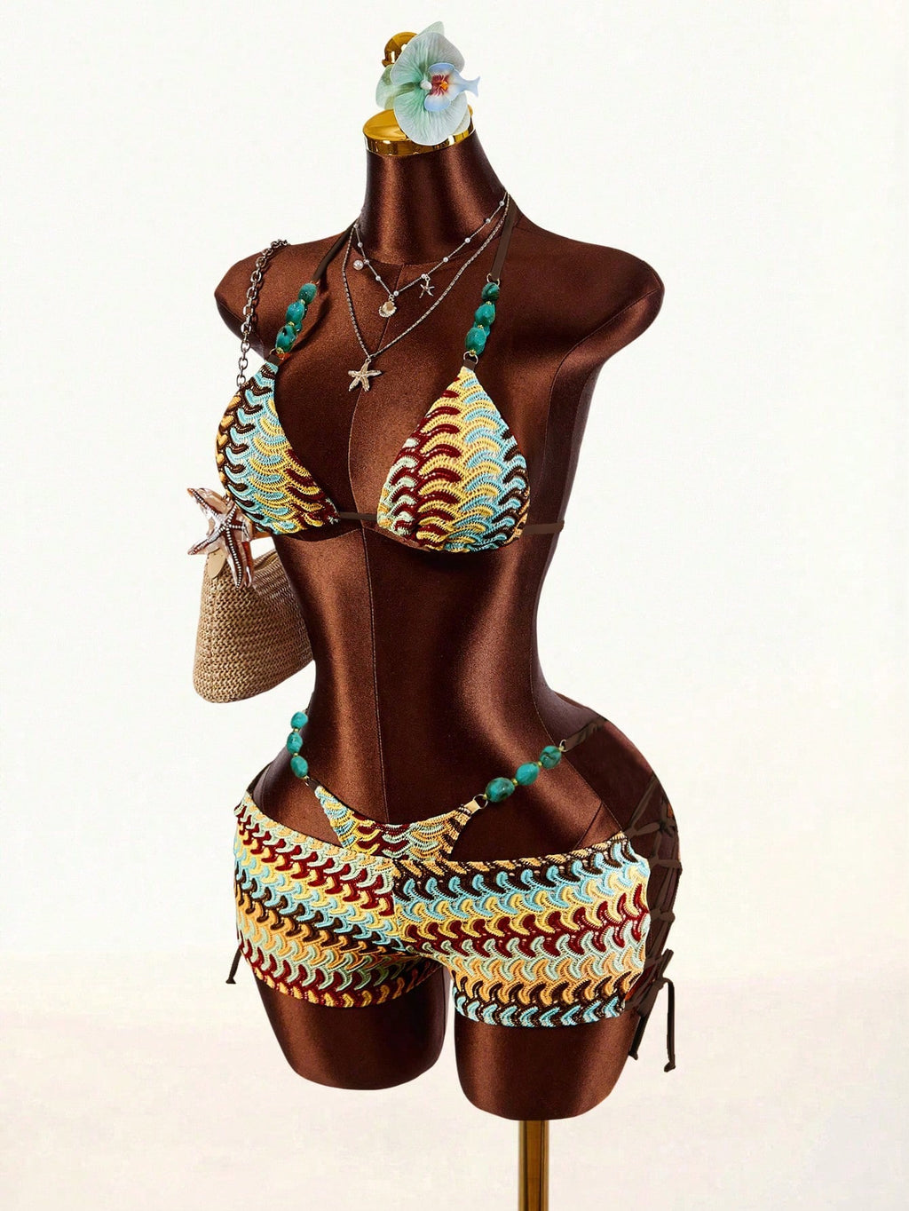 Amplova Women's Turquoise Beaded Strap Bohemian Crochet Bikini