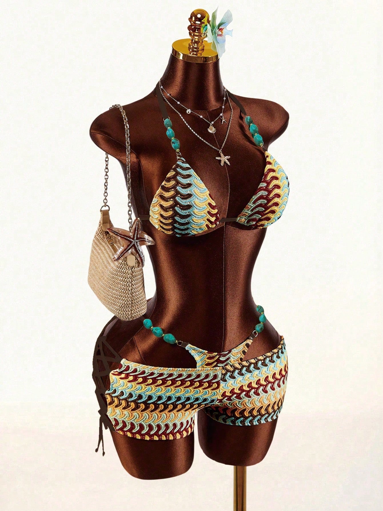 Amplova Women's Turquoise Beaded Strap Bohemian Crochet Bikini