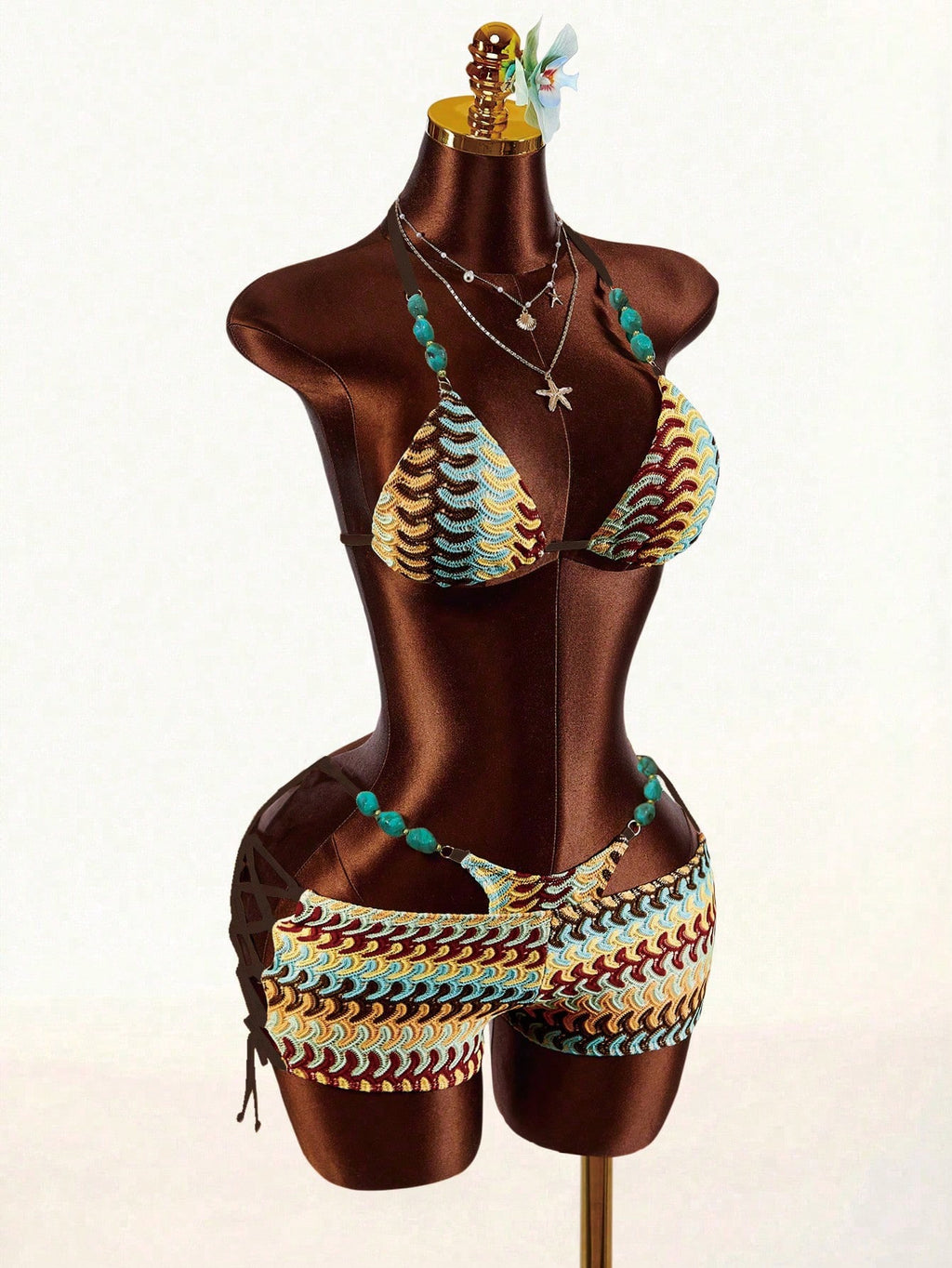 Amplova Women's Turquoise Beaded Strap Bohemian Crochet Bikini