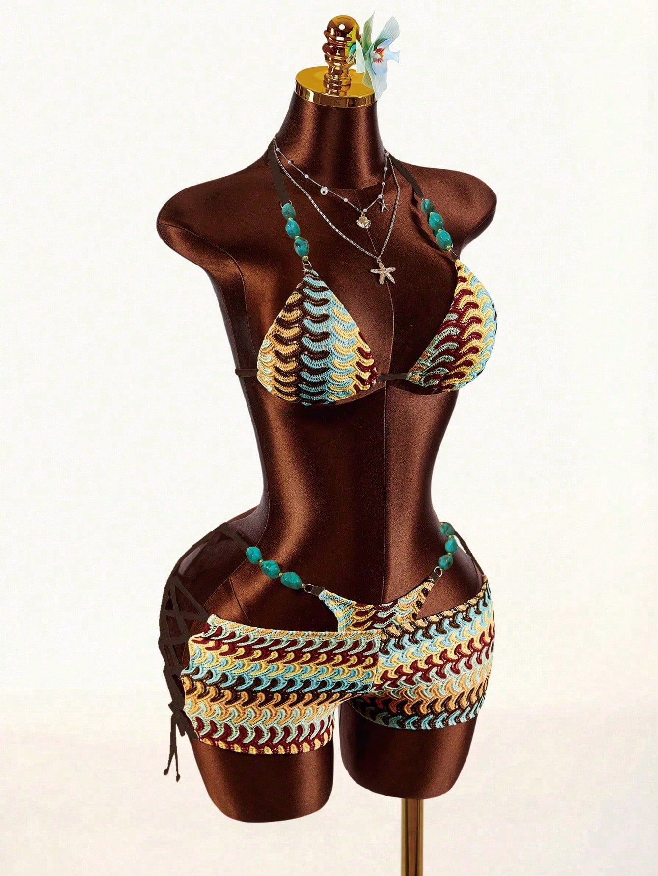 Amplova Women's Turquoise Beaded Strap Bohemian Crochet Bikini