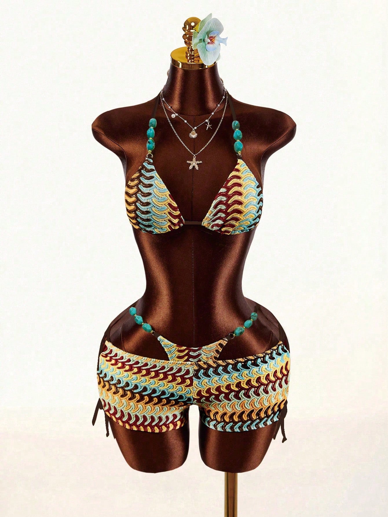 Amplova Women's Turquoise Beaded Strap Bohemian Crochet Bikini